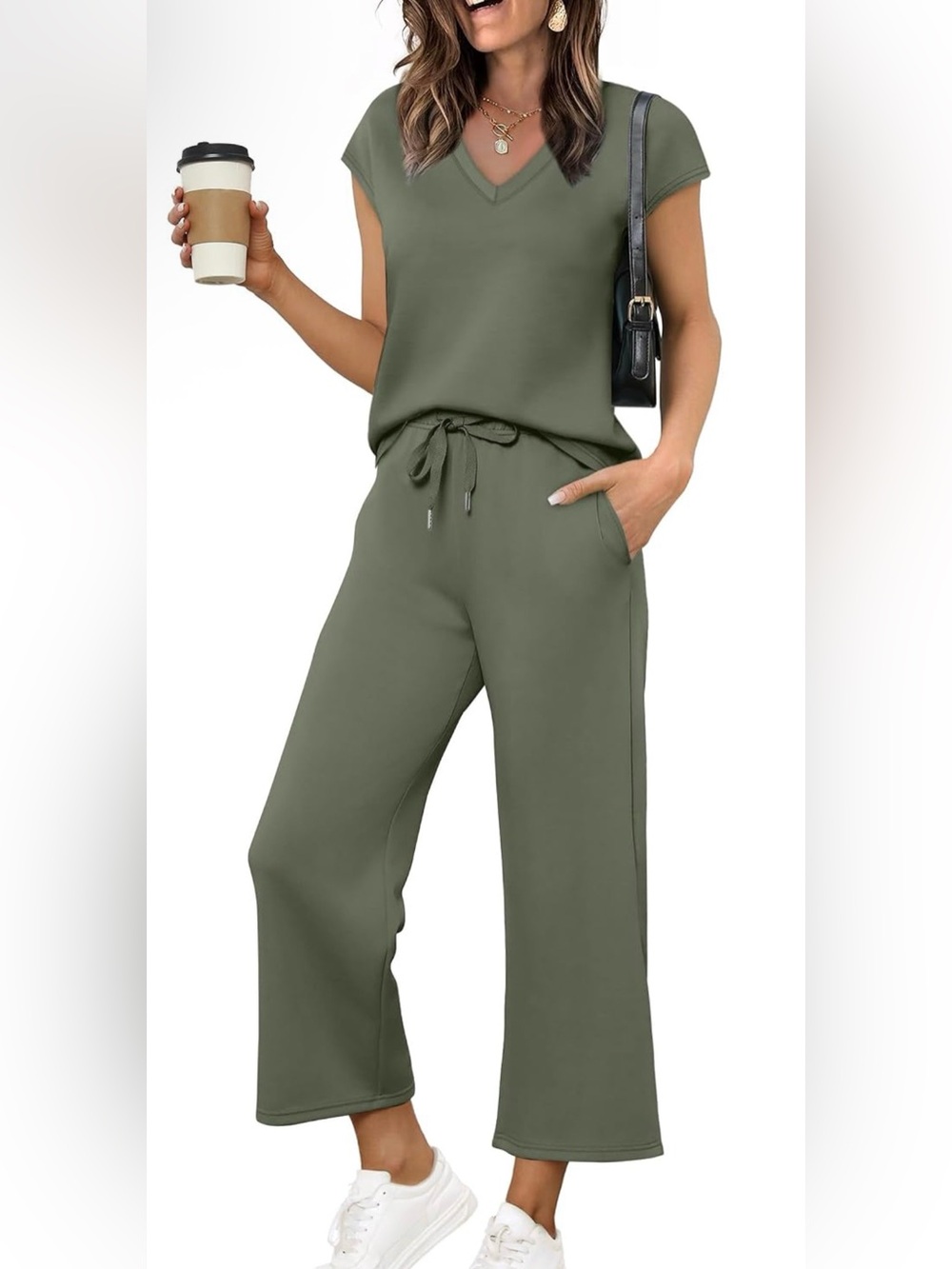 Saloogoe Two Piece Sets for Women Summer Outfits Lounge Sets V Neck Tops Wide Le